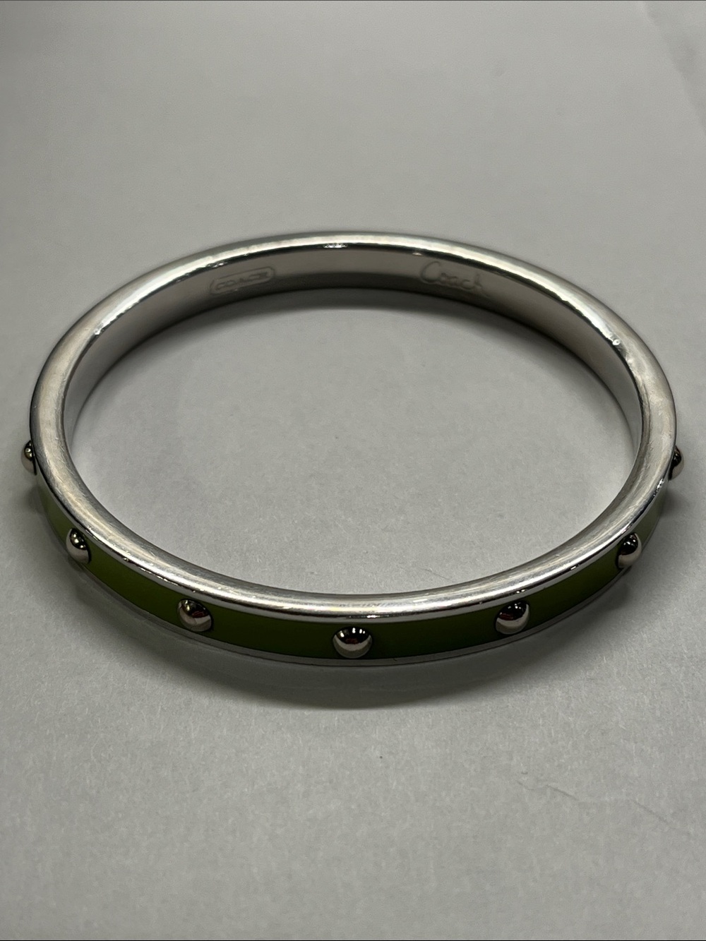 Coach Silvertone Green Enamel Studded Bangle Bracelet EUC